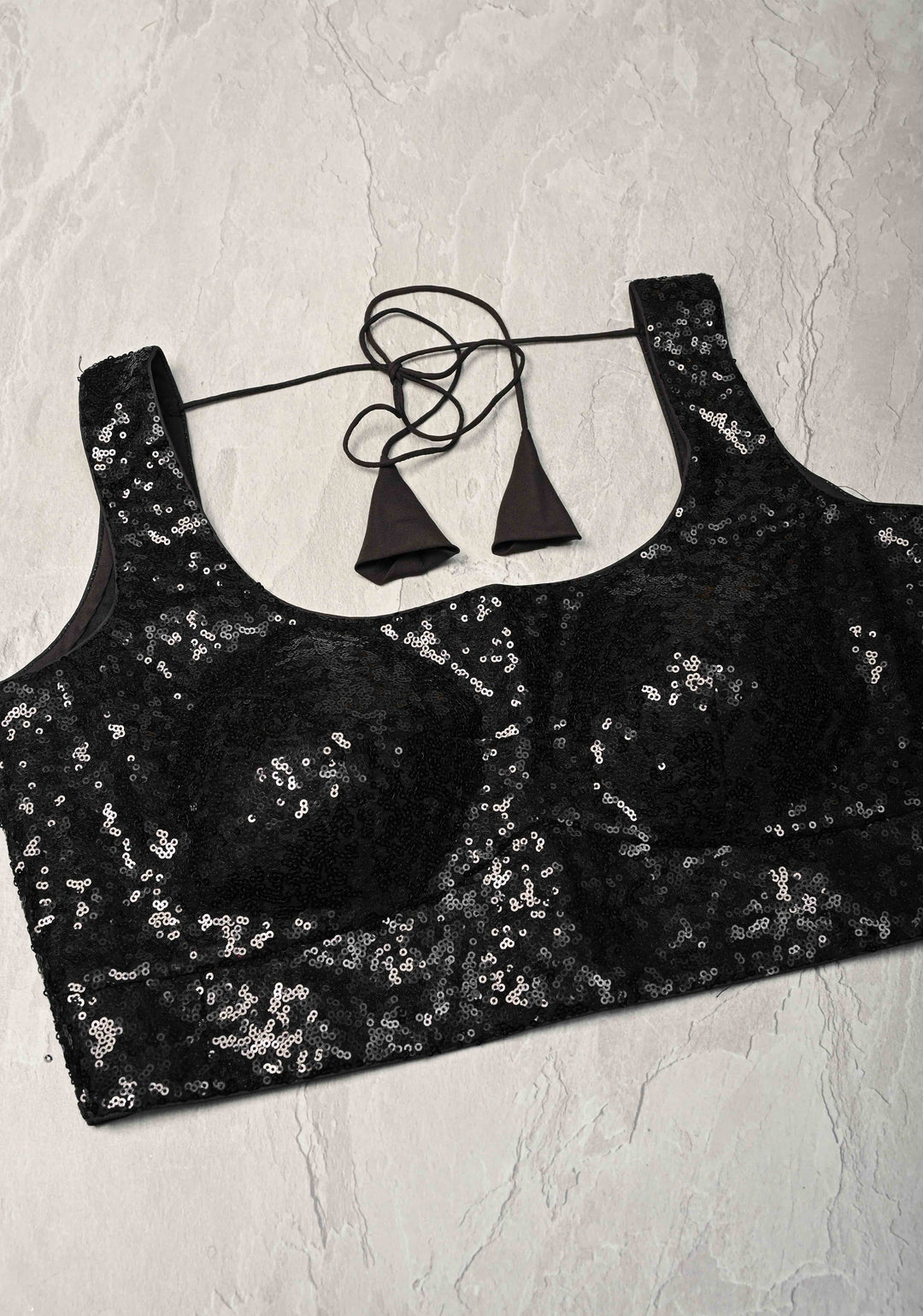 Black Sequins Sleeveless  Blouse with Dori Tie | SHOBITAM