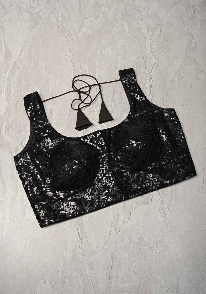 Black Sequins Sleeveless  Blouse with Dori Tie | SHOBITAM
