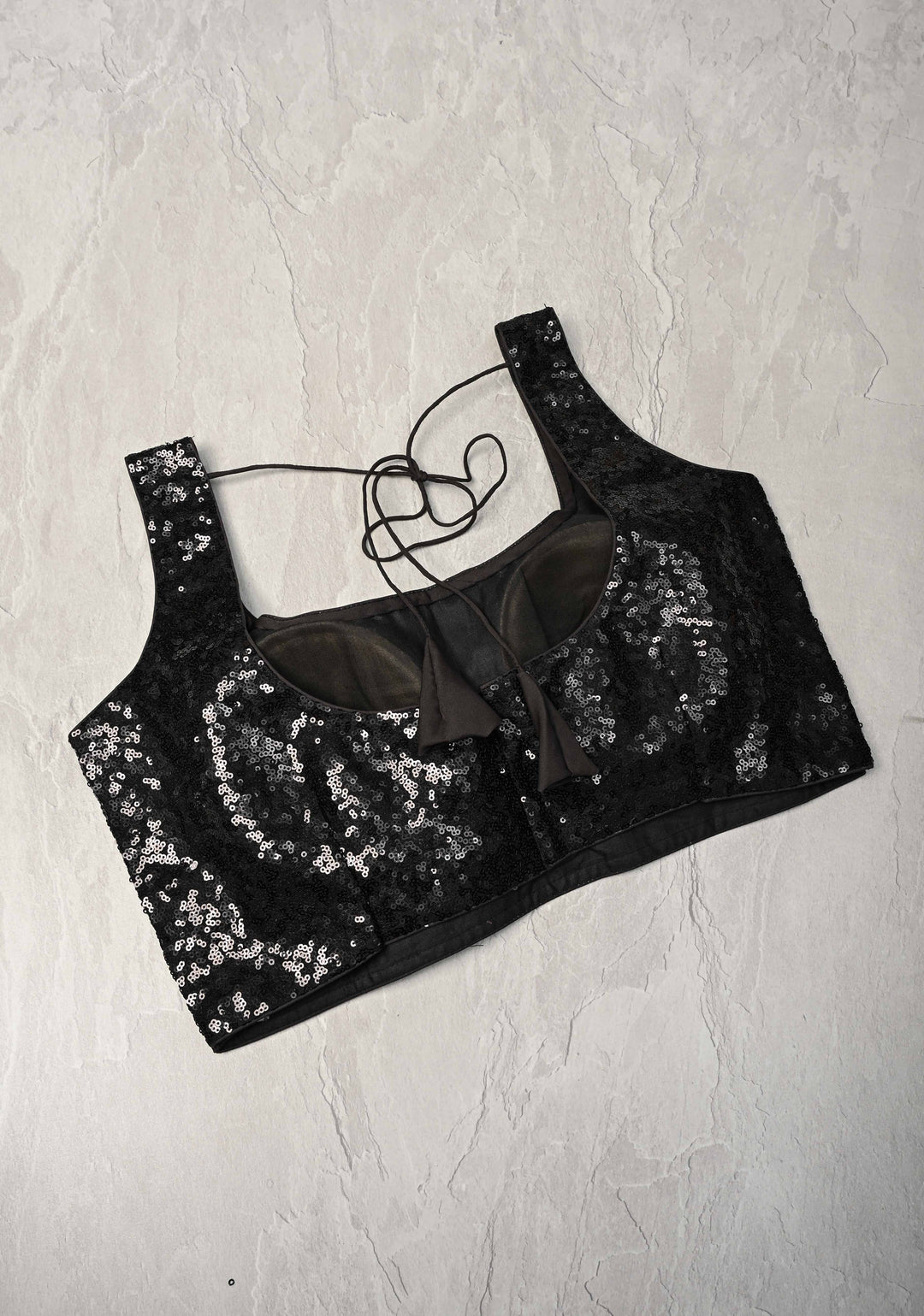 Black Sequins Sleeveless  Blouse with Dori Tie | SHOBITAM