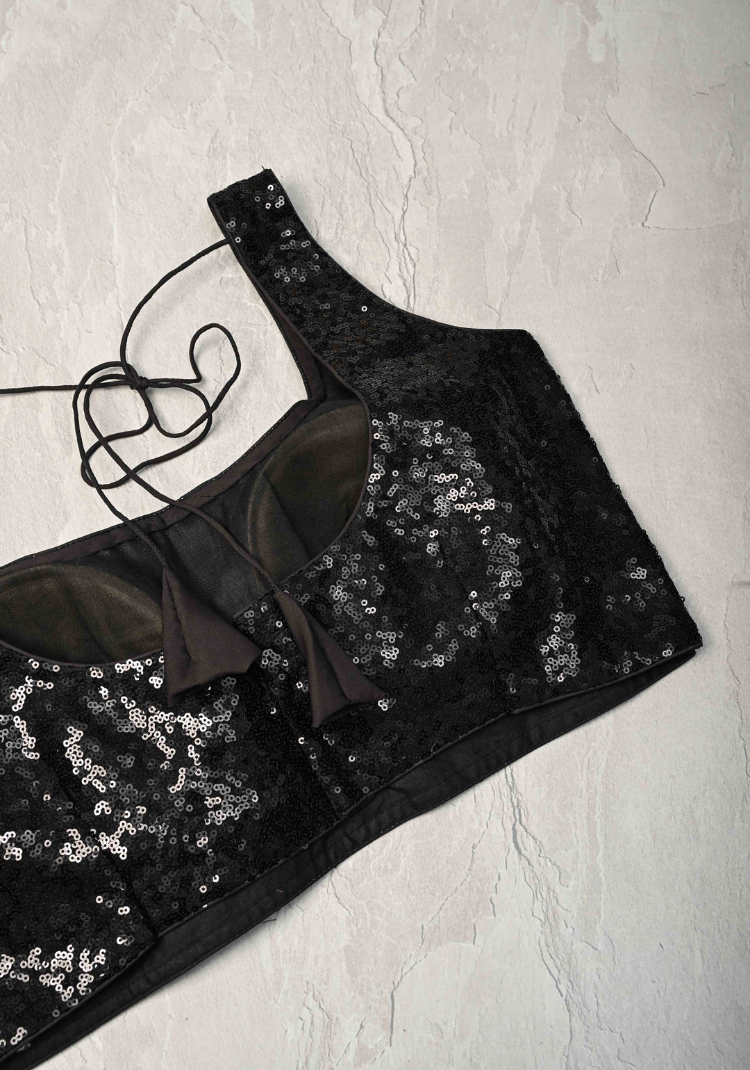 Black Sequins Sleeveless  Blouse with Dori Tie | SHOBITAM