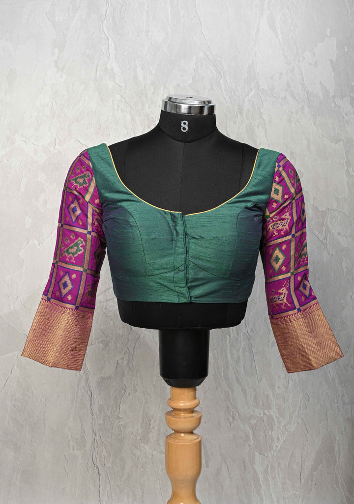 Size 36 : Semi Raw Silk Blouse in Green with Patola Brocade Sleeve | SHOBITAM