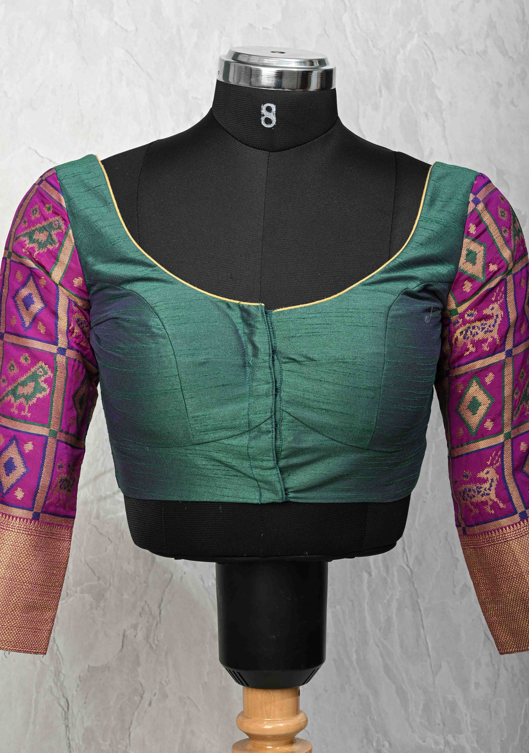 Size 36 : Semi Raw Silk Blouse in Green with Patola Brocade Sleeve | SHOBITAM