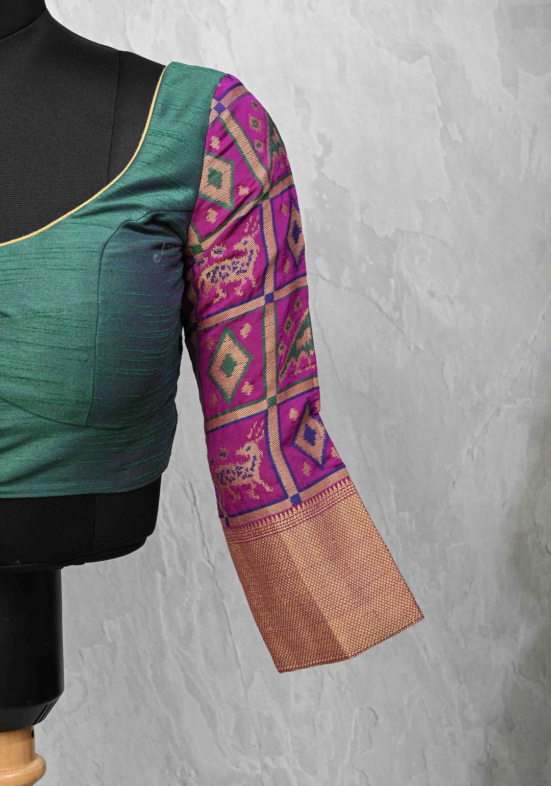 Size 36 : Semi Raw Silk Blouse in Green with Patola Brocade Sleeve | SHOBITAM