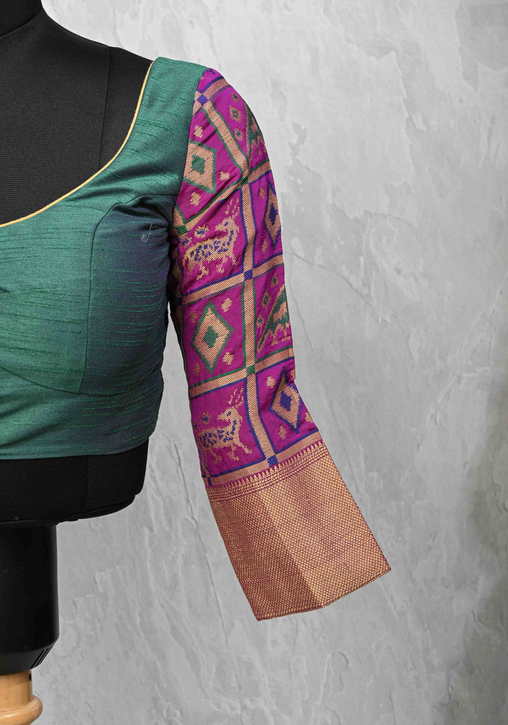 Size 36 : Semi Raw Silk Blouse in Green with Patola Brocade Sleeve | SHOBITAM
