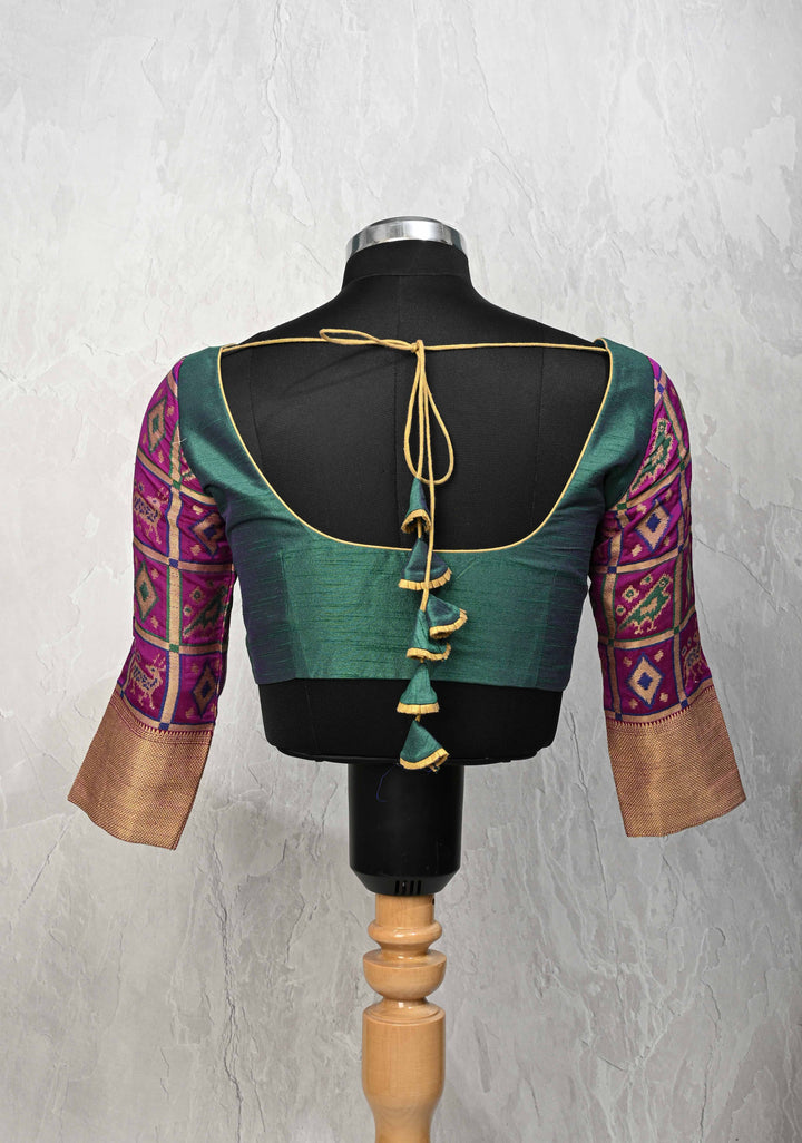 Size 36 : Semi Raw Silk Blouse in Green with Patola Brocade Sleeve | SHOBITAM