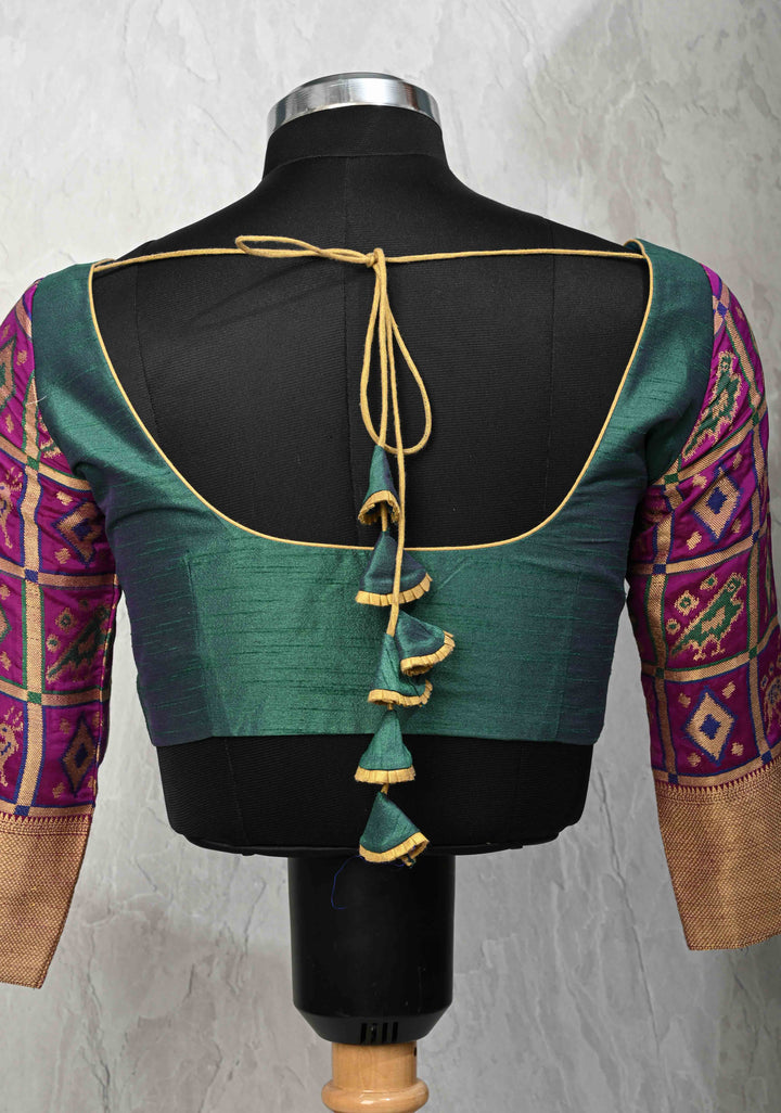 Size 36 : Semi Raw Silk Blouse in Green with Patola Brocade Sleeve | SHOBITAM