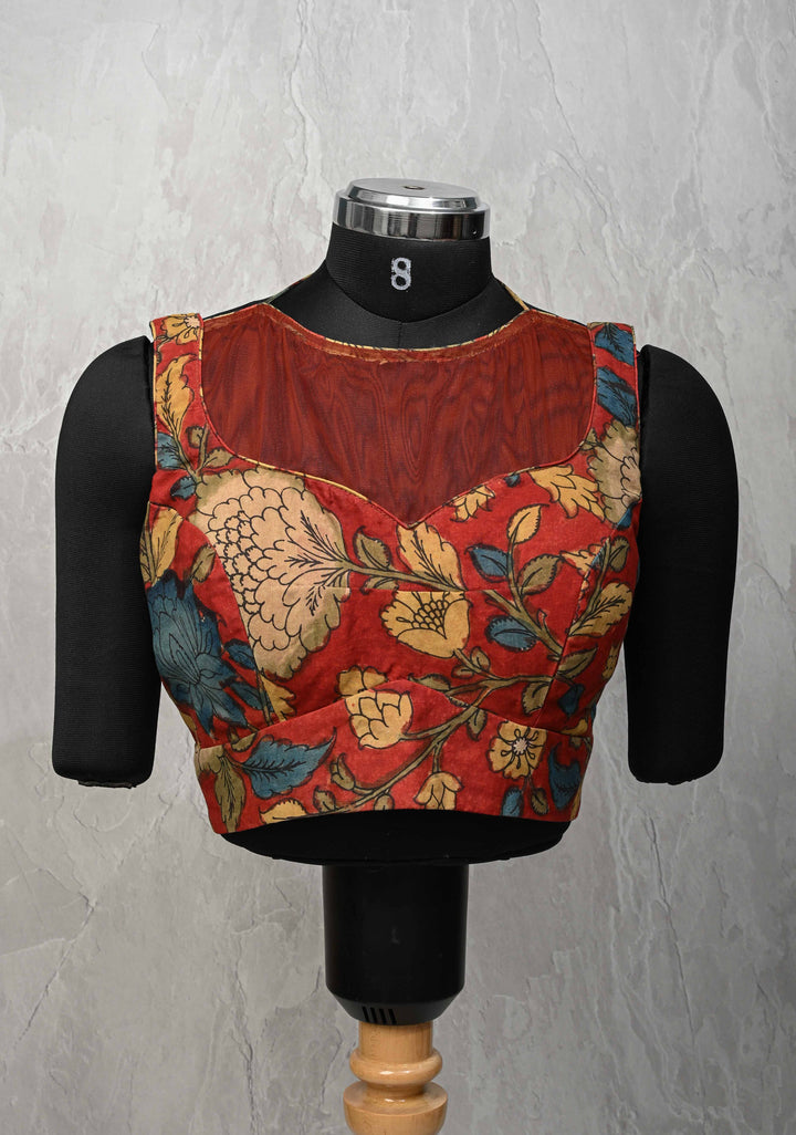 Size 42 :  Blood Red Kalamkari Blouse with Net Sheer Yoke and Sleeveless