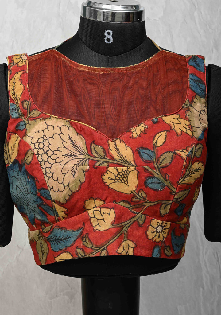 Size 42 :  Blood Red Kalamkari Blouse with Net Sheer Yoke and Sleeveless