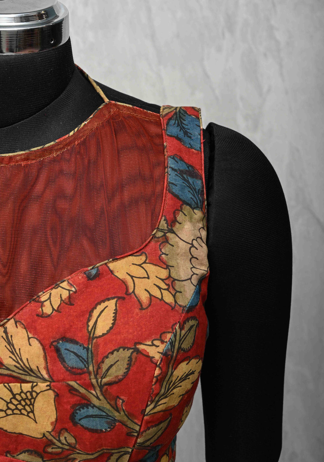 Size 42 :  Blood Red Kalamkari Blouse with Net Sheer Yoke and Sleeveless