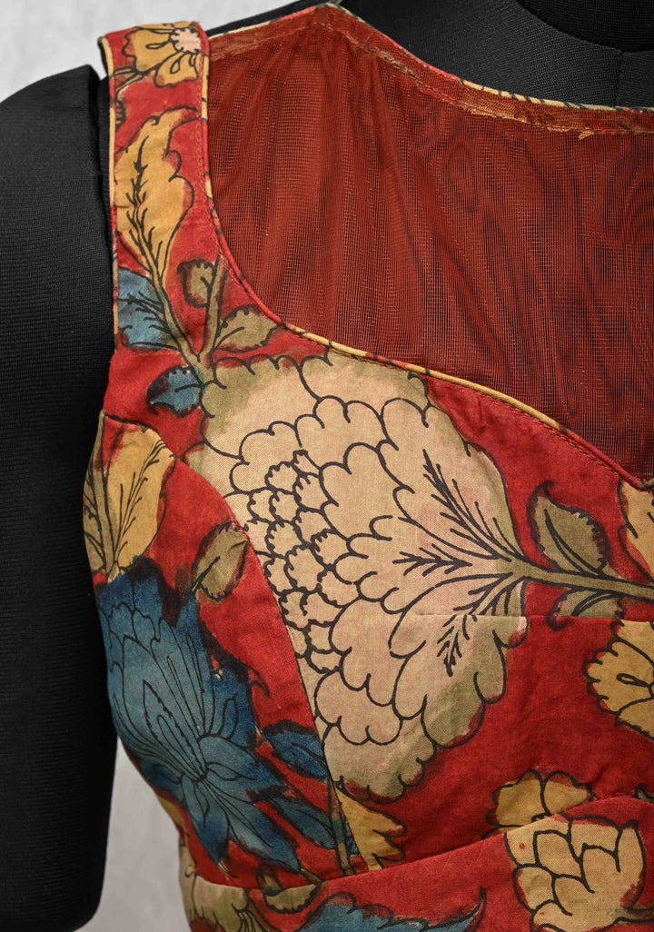 Size 42 :  Blood Red Kalamkari Blouse with Net Sheer Yoke and Sleeveless