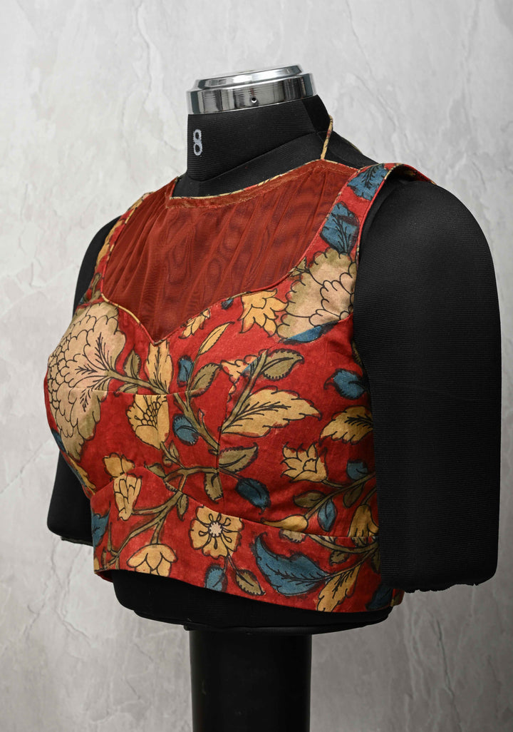 Size 42 :  Blood Red Kalamkari Blouse with Net Sheer Yoke and Sleeveless
