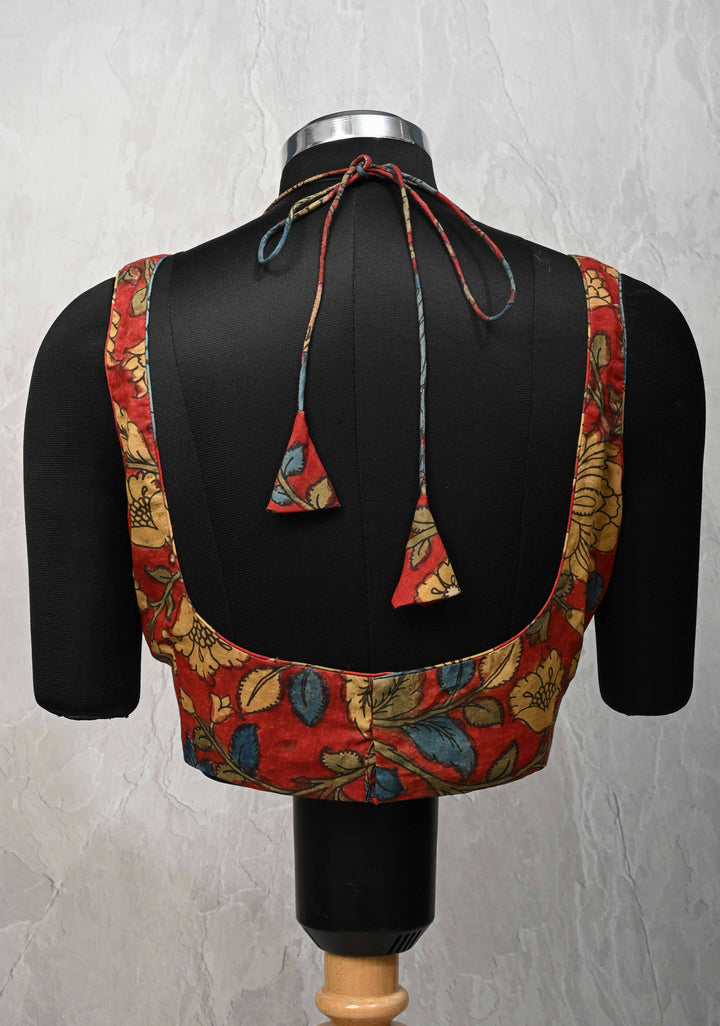 Size 42 :  Blood Red Kalamkari Blouse with Net Sheer Yoke and Sleeveless