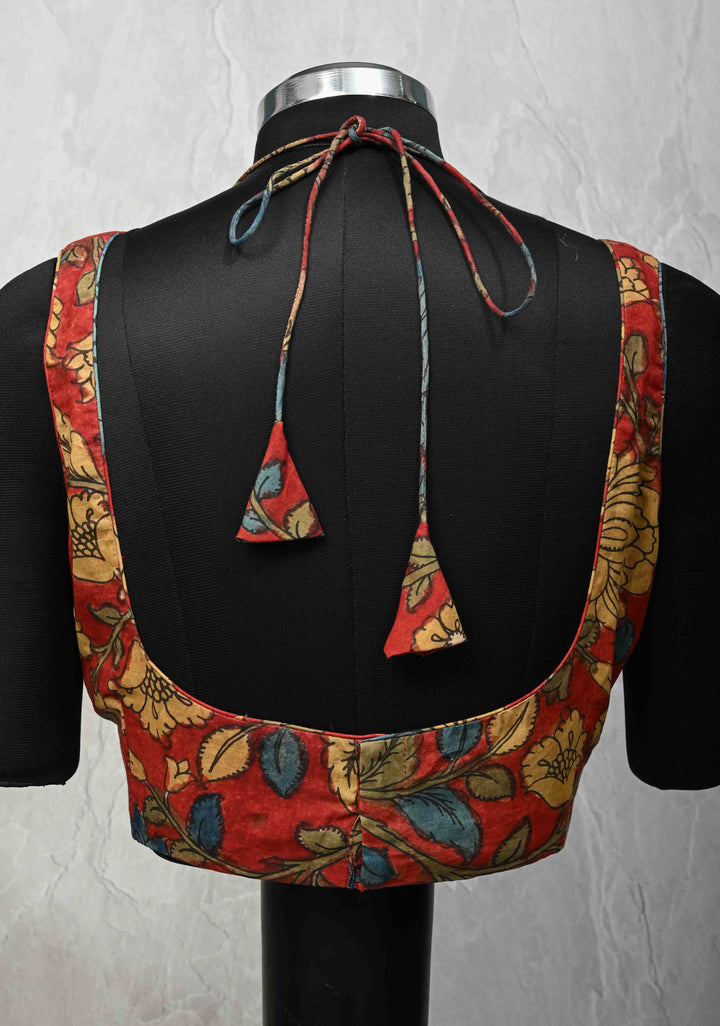 Size 42 :  Blood Red Kalamkari Blouse with Net Sheer Yoke and Sleeveless