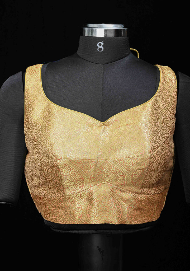 Gold Self Brocade Sleeveless Blouse for Saree| Shobitam Saree