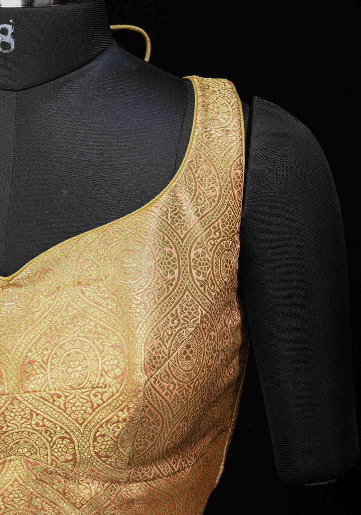 Gold Self Brocade Sleeveless Blouse for Saree| Shobitam Saree