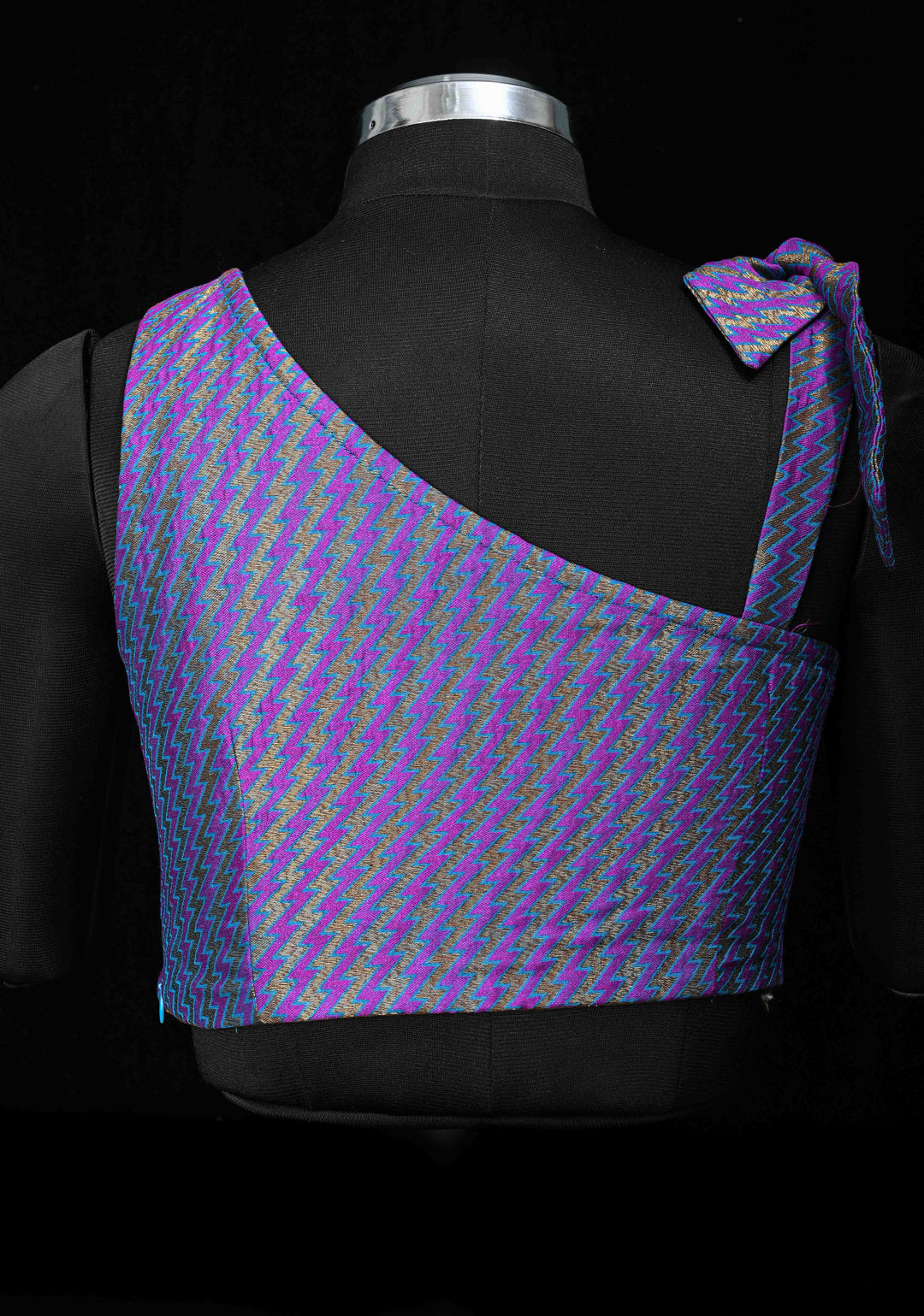 Size 36, Purple Blue jacquard one shoulder blouse crop top, Made to Order