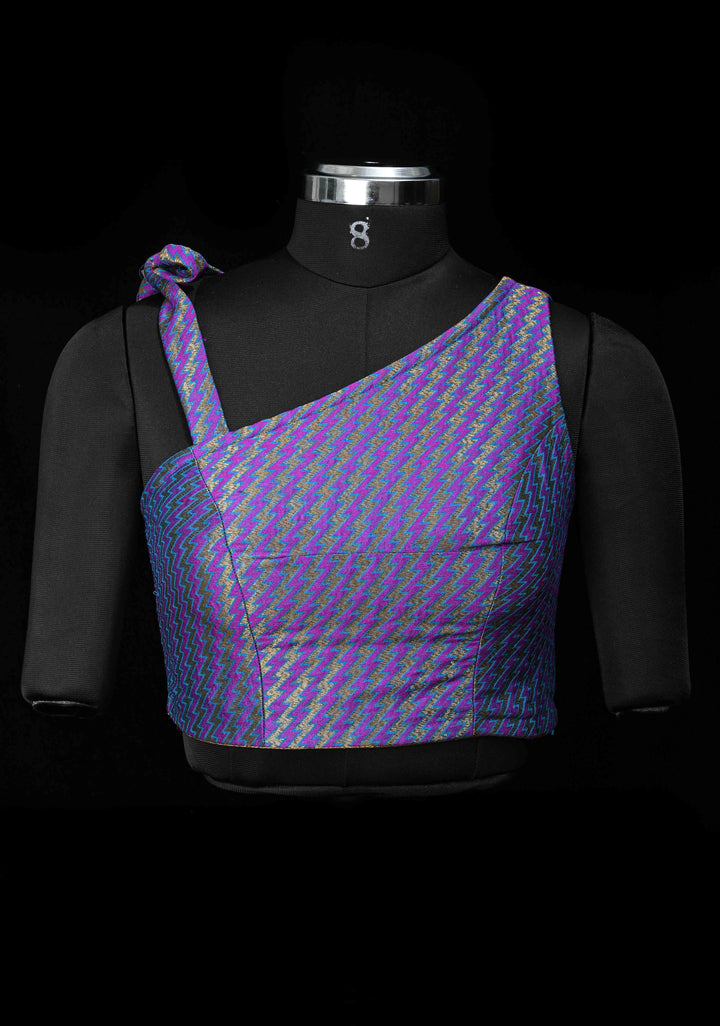 Size 36, Purple Blue jacquard one shoulder blouse crop top, Made to Order