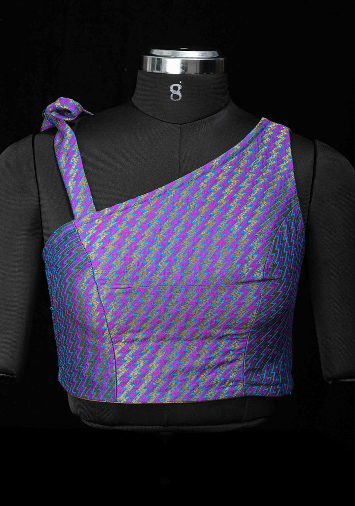 Size 36, Purple Blue jacquard one shoulder blouse crop top, Made to Order