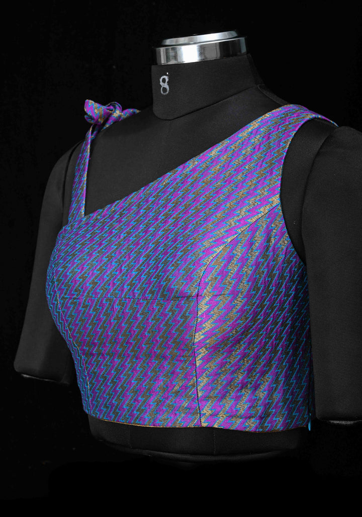 Size 36, Purple Blue jacquard one shoulder blouse crop top, Made to Order