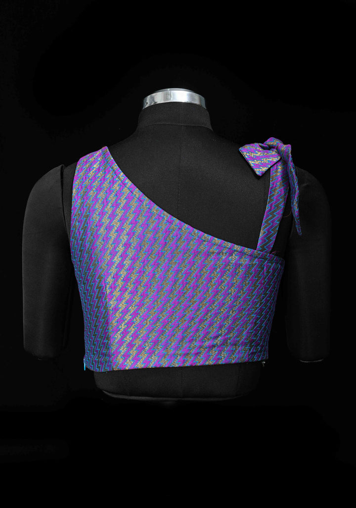 Size 36, Purple Blue jacquard one shoulder blouse crop top, Made to Order