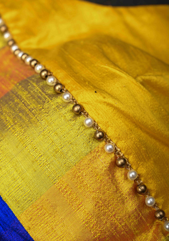 Yellow blue checked with yellow pure rawsilk sweetheart neck blouse | SHOBITAM
