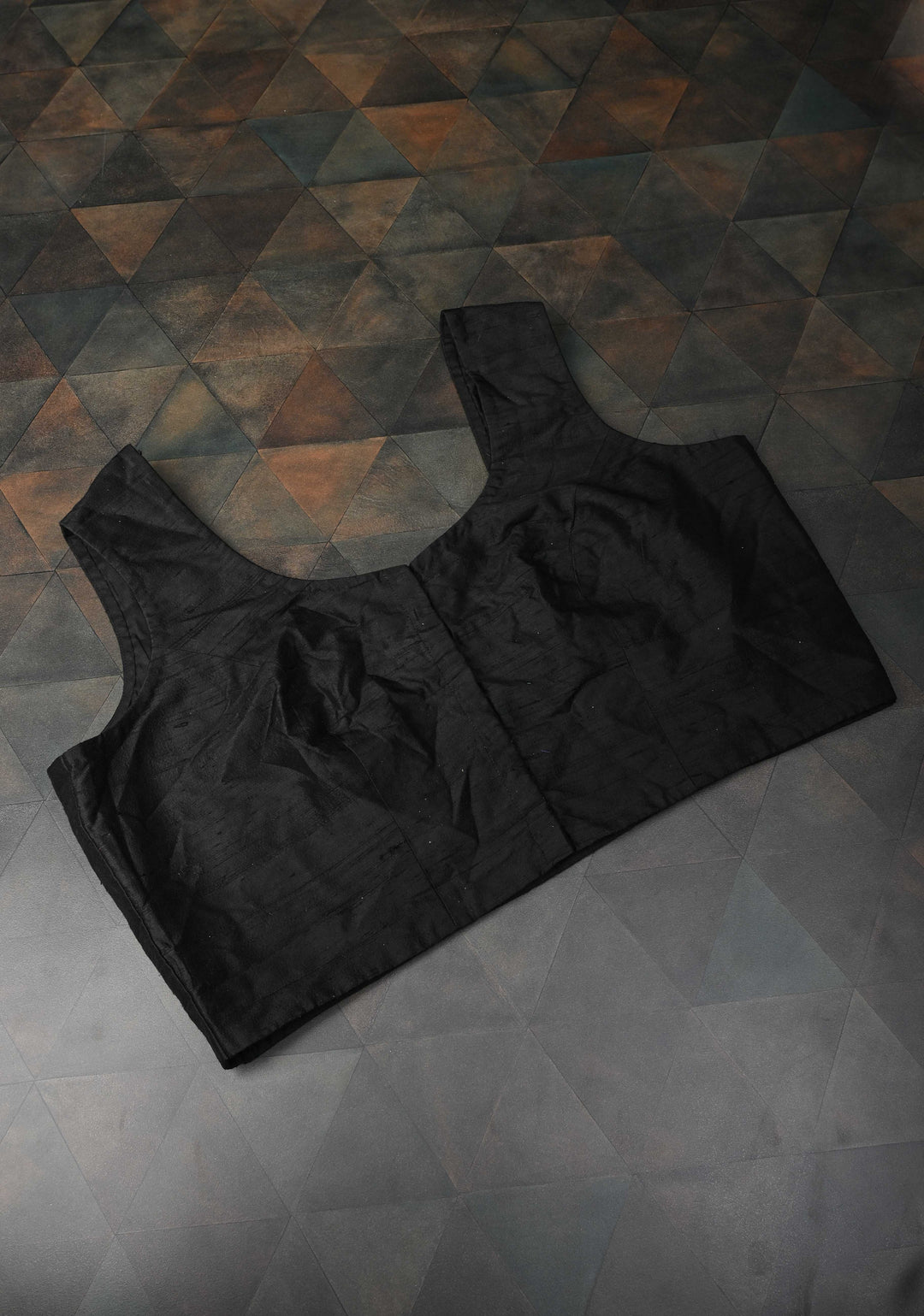 SIZE 49" Black Raw Silk, Sleeveless Blouse With a Round Neck