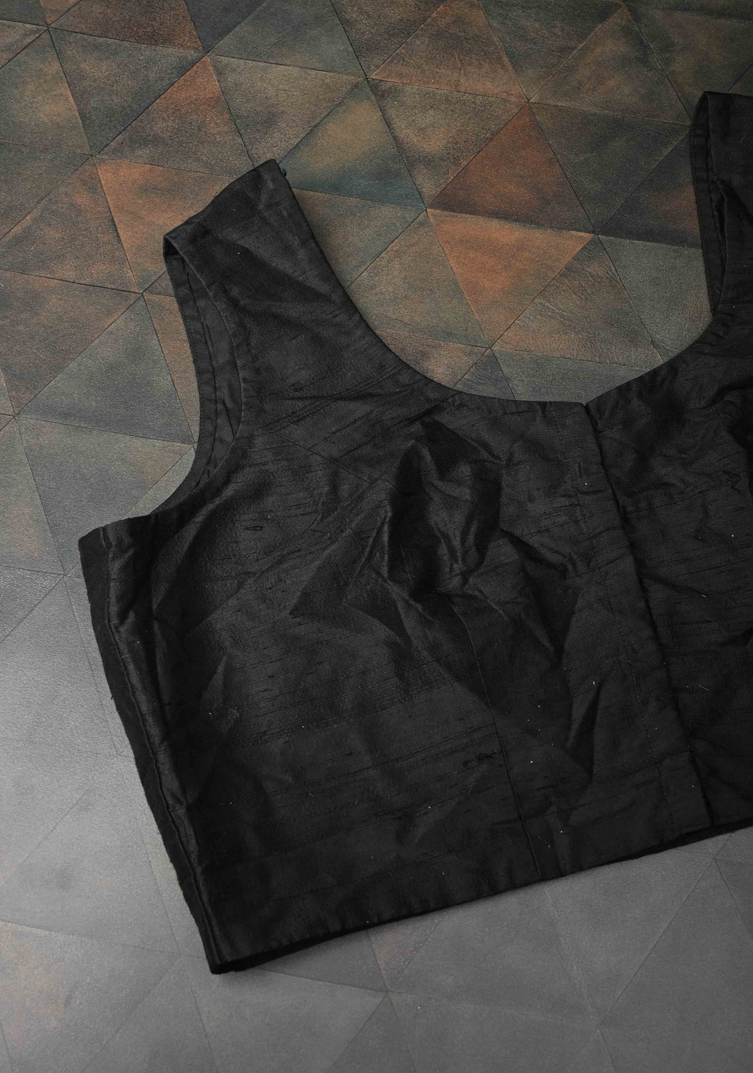 SIZE 49" Black Raw Silk, Sleeveless Blouse With a Round Neck