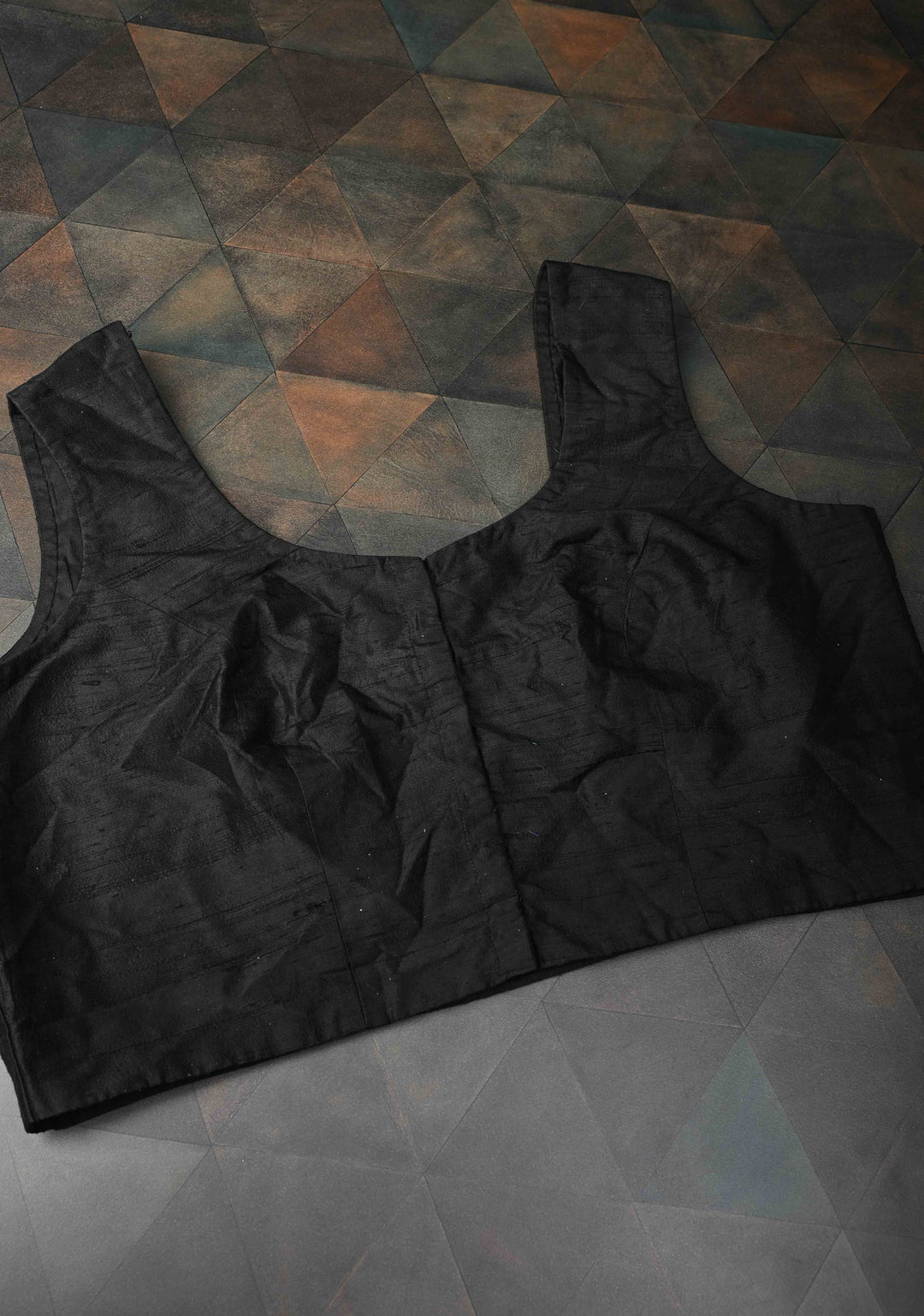 SIZE 49" Black Raw Silk, Sleeveless Blouse With a Round Neck
