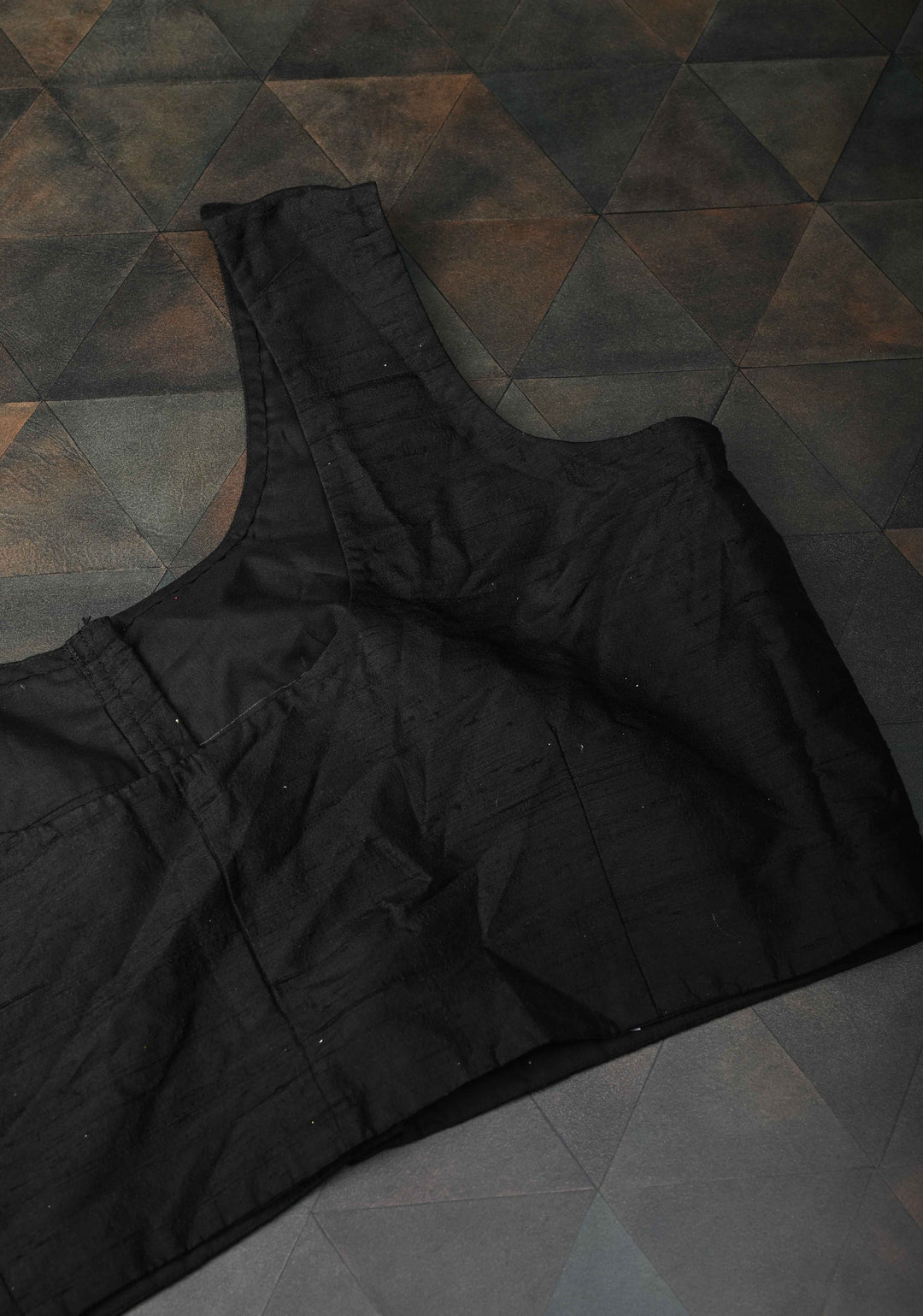 SIZE 49" Black Raw Silk, Sleeveless Blouse With a Round Neck