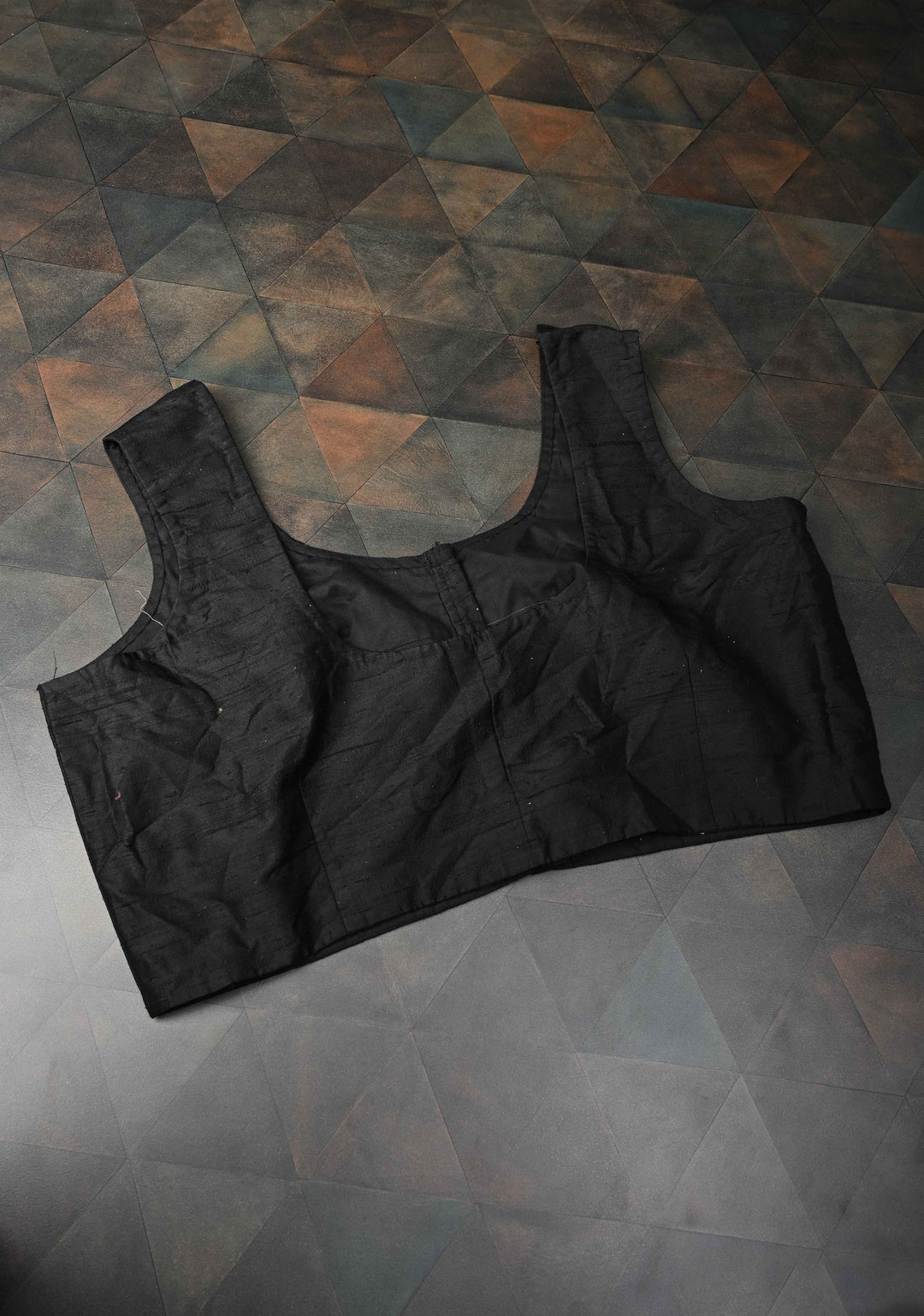 SIZE 49" Black Raw Silk, Sleeveless Blouse With a Round Neck