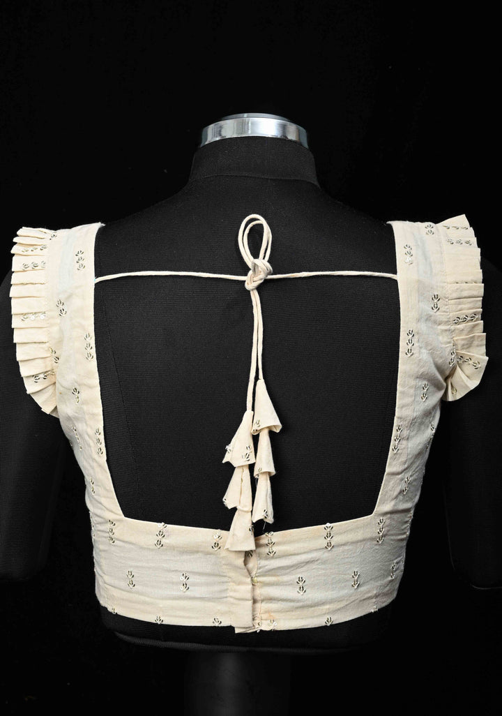 Ivory Pure Cotton Blouse with Sequins Detailing, Sleeveless with Pleats, Made to Order, Customizable