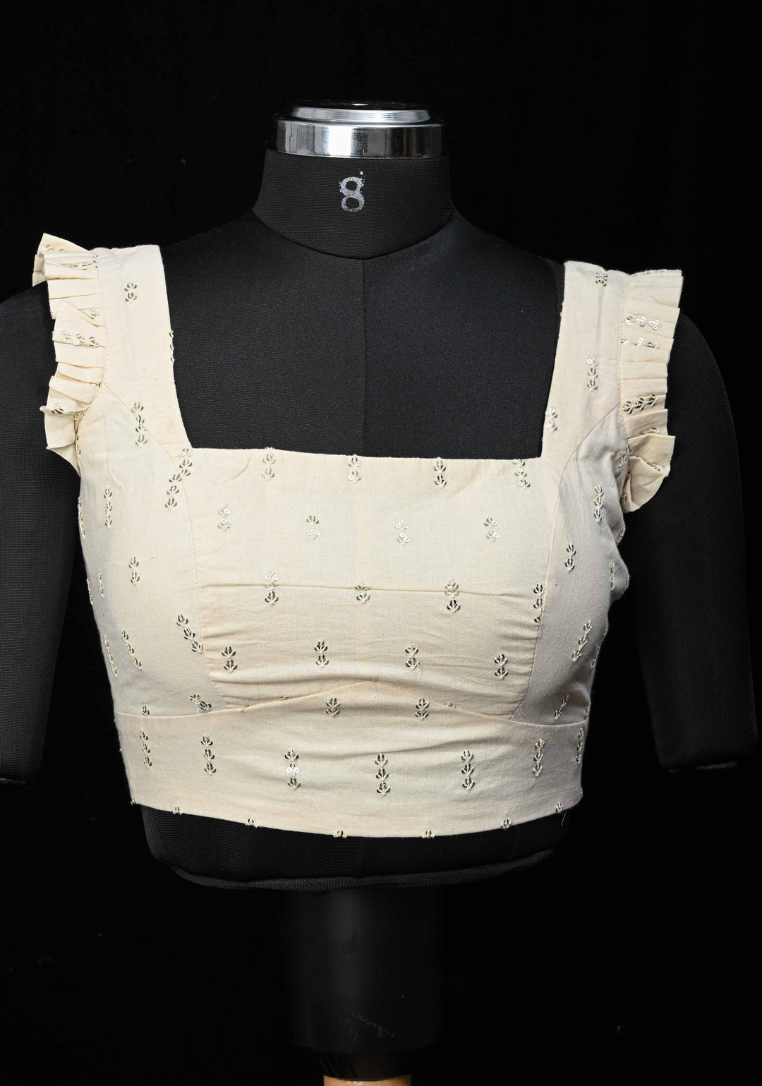 Ivory Pure Cotton Blouse with Sequins Detailing, Sleeveless with Pleats, Made to Order, Customizable