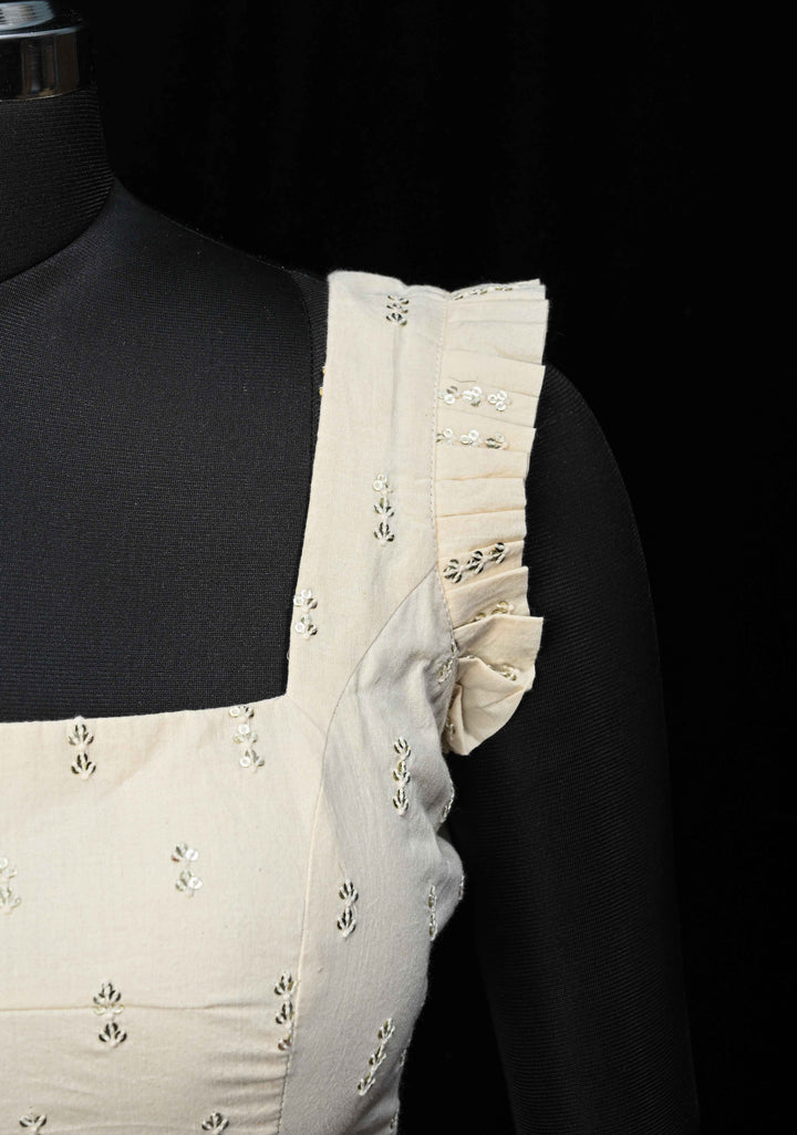 Ivory Pure Cotton Blouse with Sequins Detailing, Sleeveless with Pleats, Made to Order, Customizable