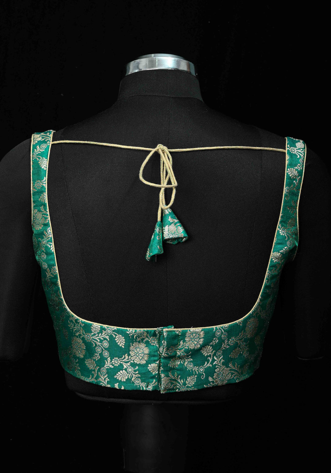 Rama Green Banarasi Silver Brocade Scoop  Neck Sleeveless Blouse, Customizable, Made to Order