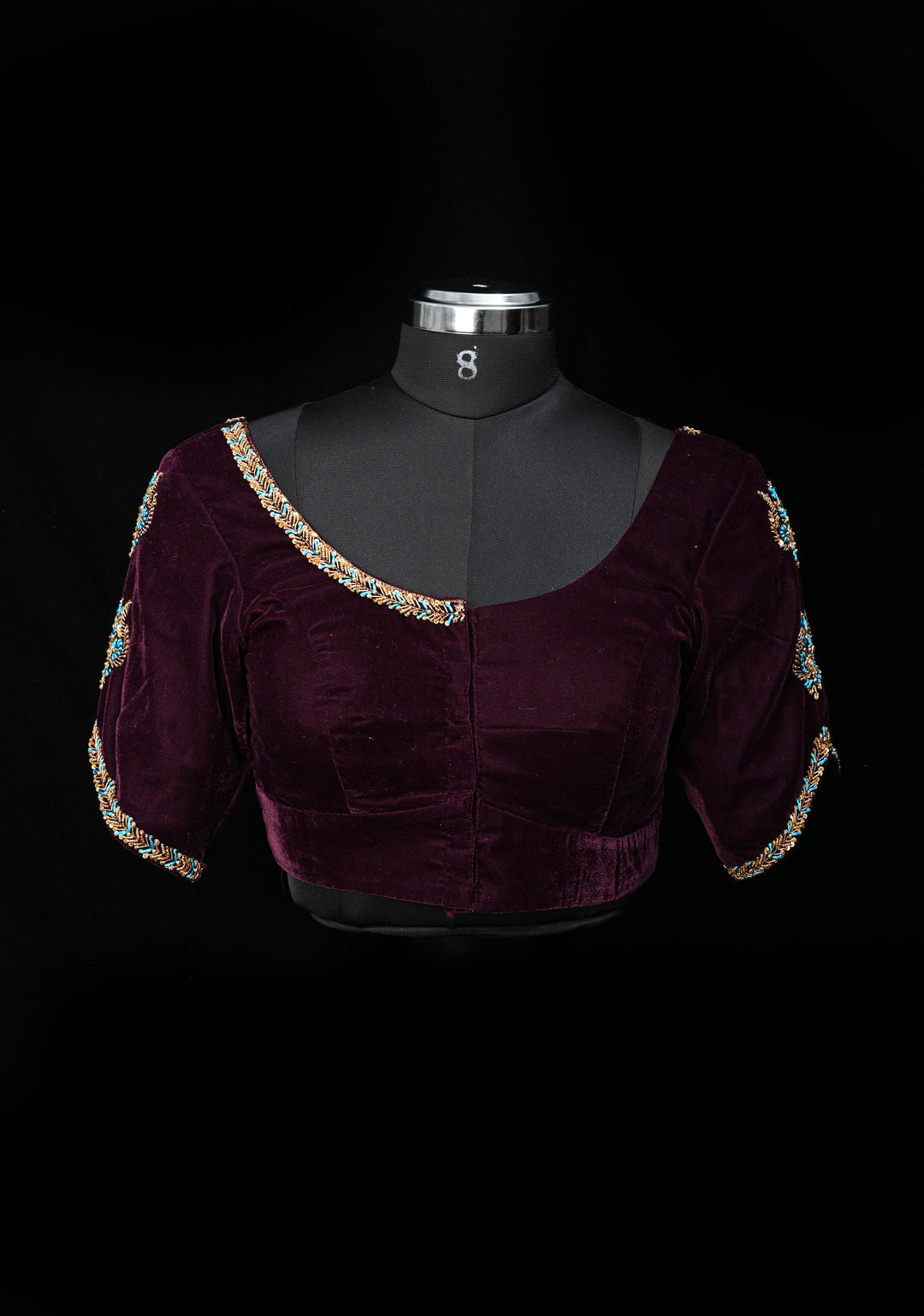 Dark Plum Velvet Blouse with Zardosi and Meenakari Detailing, Customizable, Made to Order
