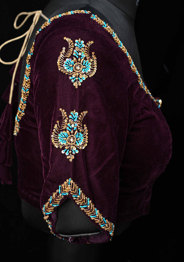 Dark Plum Velvet Blouse with Zardosi and Meenakari Detailing, Customizable, Made to Order