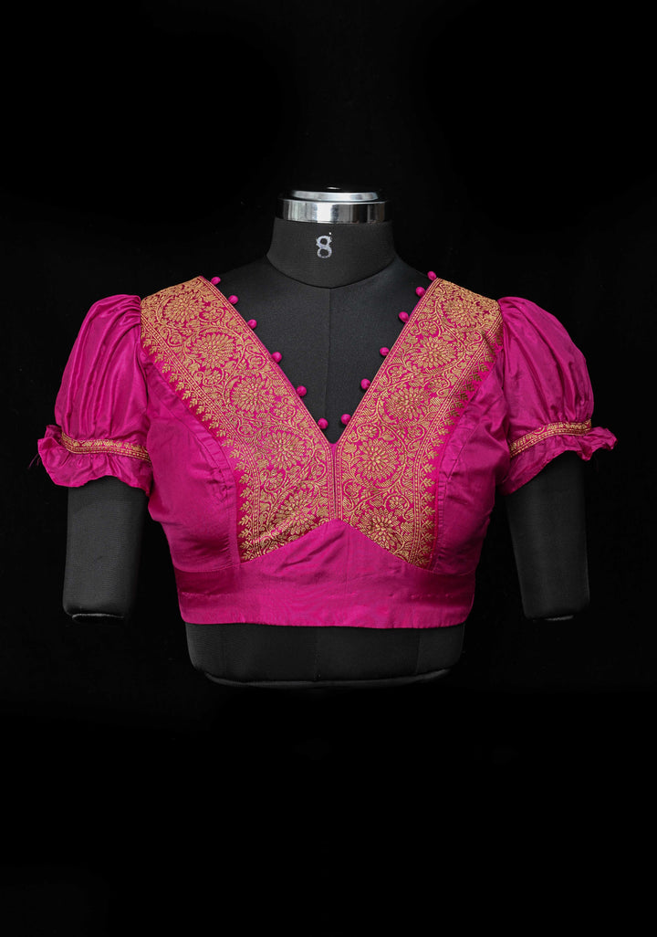 Fuchsia Pure Silk Blouse with Antique Zari Banarasi Border detailing and Puff Sleeves, Potli Buttons, Customizable, Made to Order