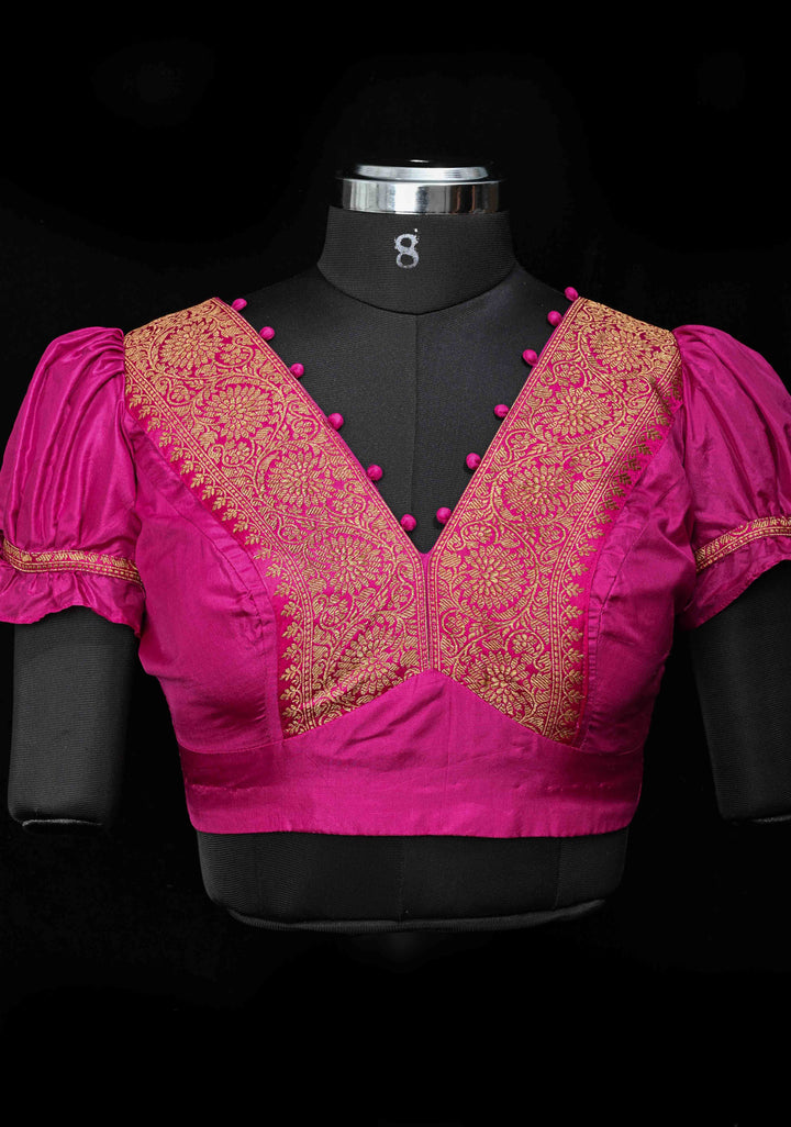 Fuchsia Pure Silk Blouse with Antique Zari Banarasi Border detailing and Puff Sleeves, Potli Buttons, Customizable, Made to Order
