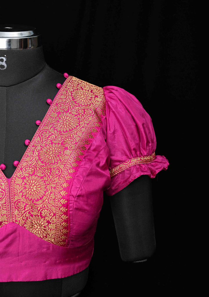 Fuchsia Pure Silk Blouse with Antique Zari Banarasi Border detailing and Puff Sleeves, Potli Buttons, Customizable, Made to Order