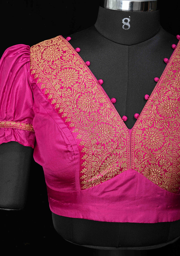 Fuchsia Pure Silk Blouse with Antique Zari Banarasi Border detailing and Puff Sleeves, Potli Buttons, Customizable, Made to Order
