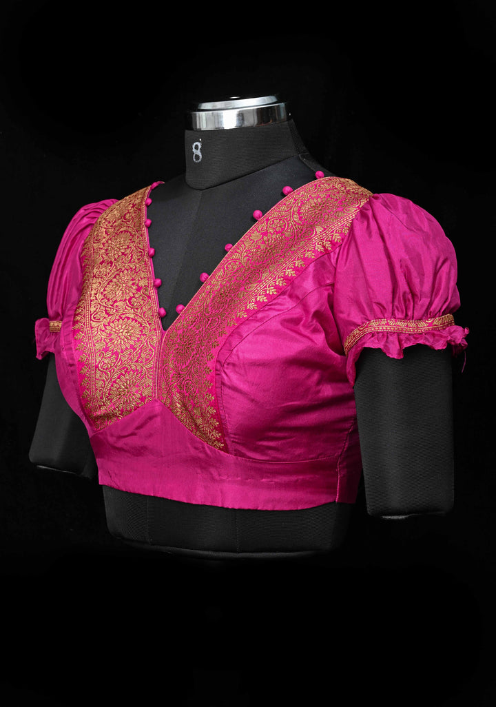 Fuchsia Pure Silk Blouse with Antique Zari Banarasi Border detailing and Puff Sleeves, Potli Buttons, Customizable, Made to Order
