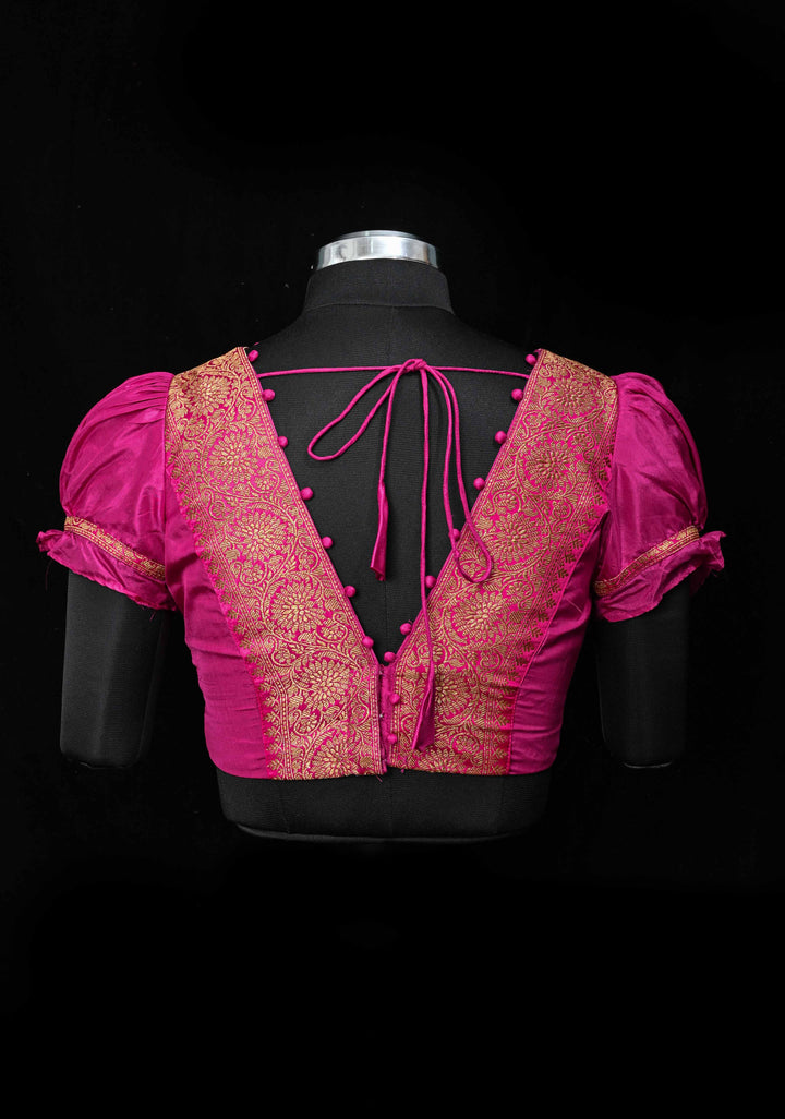 Fuchsia Pure Silk Blouse with Antique Zari Banarasi Border detailing and Puff Sleeves, Potli Buttons, Customizable, Made to Order