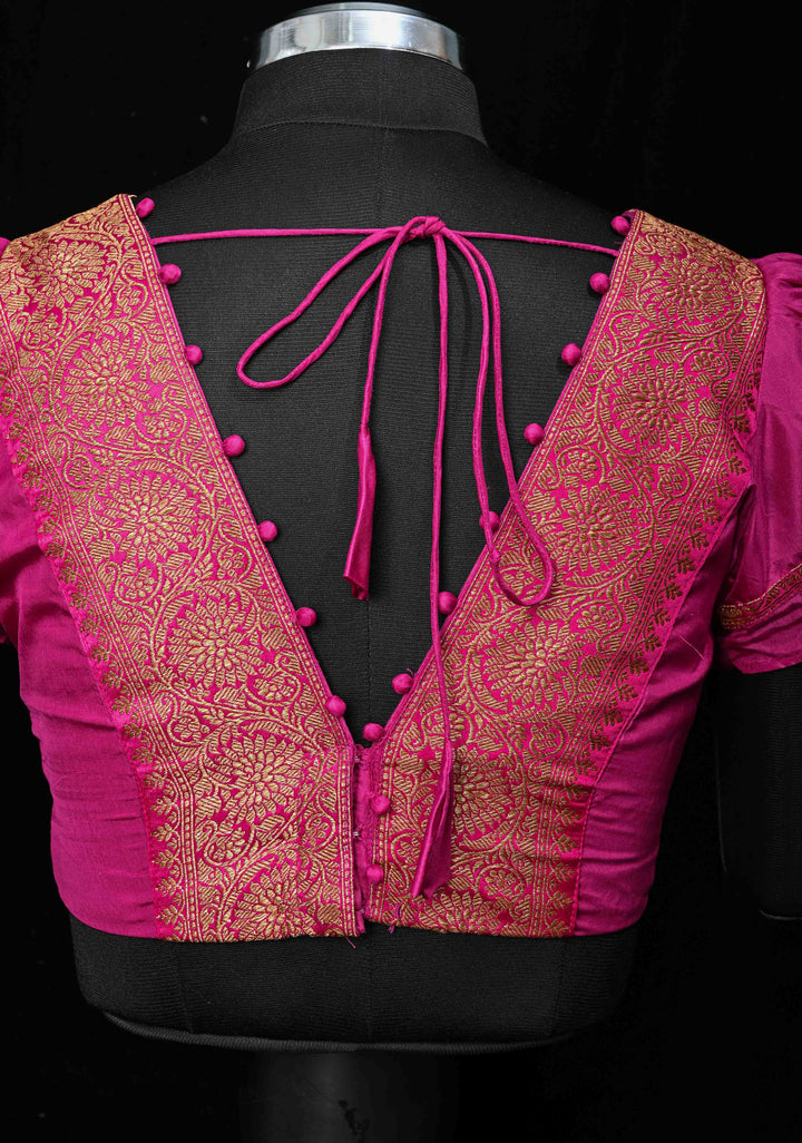 Fuchsia Pure Silk Blouse with Antique Zari Banarasi Border detailing and Puff Sleeves, Potli Buttons, Customizable, Made to Order