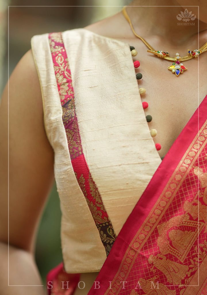 Ivory pure Raw silk blouse with Banarasi trim and potli button detailing,  sleeve option available, Made to Order