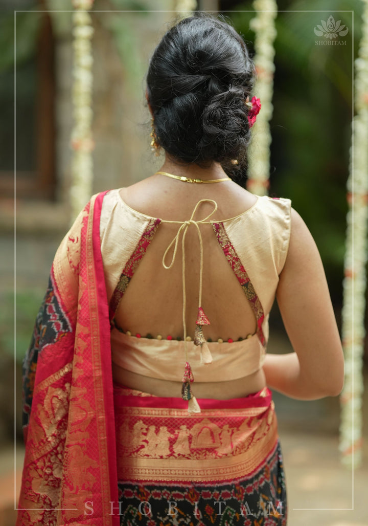 Ivory pure Raw silk blouse with Banarasi trim and potli button detailing,  sleeve option available, Made to Order