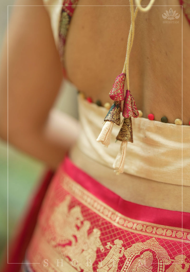 Ivory pure Raw silk blouse with Banarasi trim and potli button detailing,  sleeve option available, Made to Order
