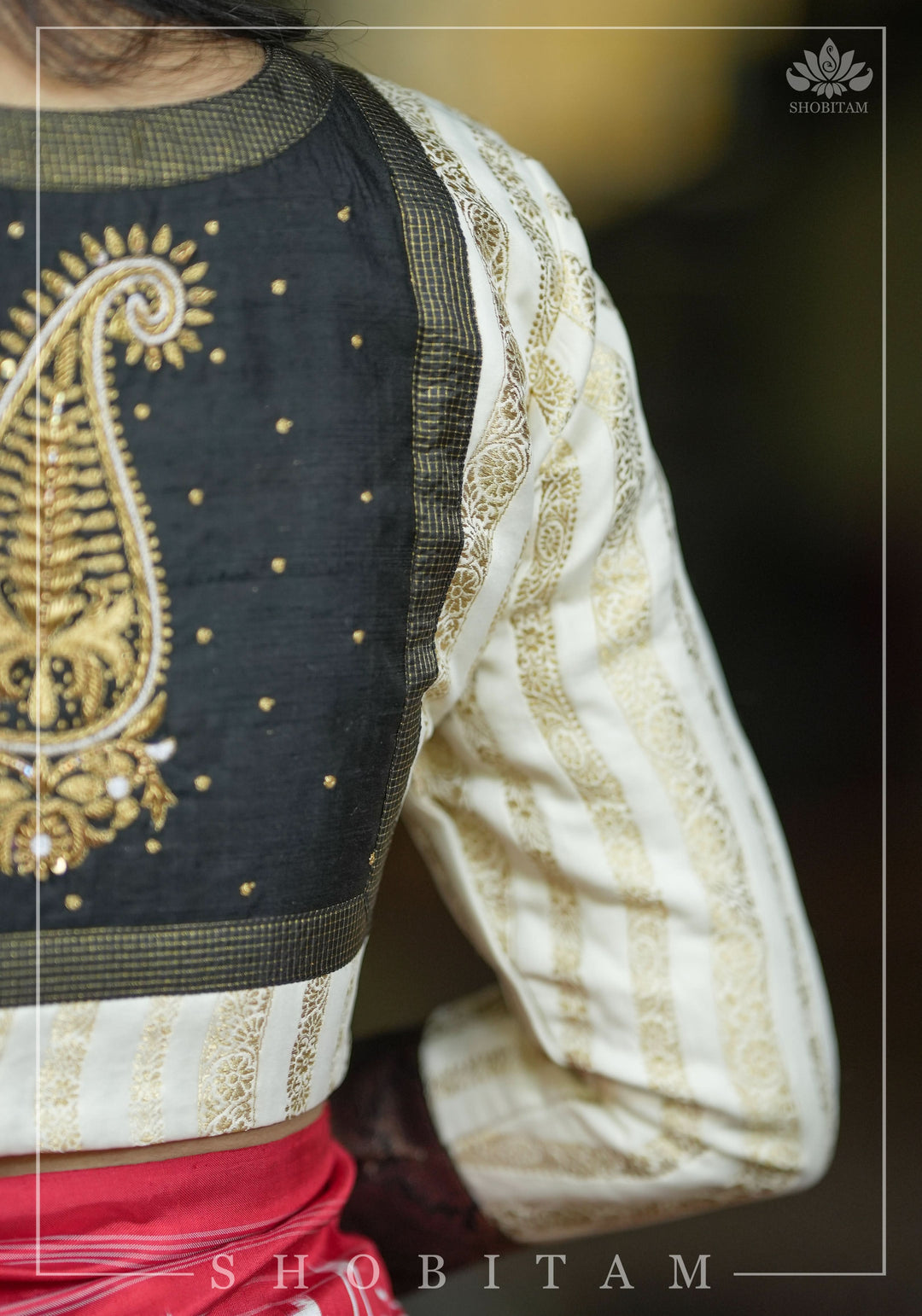 Ivory and Black Bandgala & Full sleeves blouse with Paisley Zardosi Hand embroidery, Made to Order