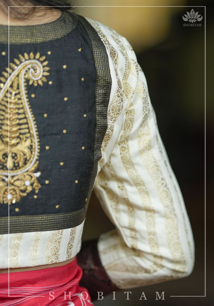 Ivory and Black Bandgala & Full sleeves blouse with Paisley Zardosi Hand embroidery, Made to Order