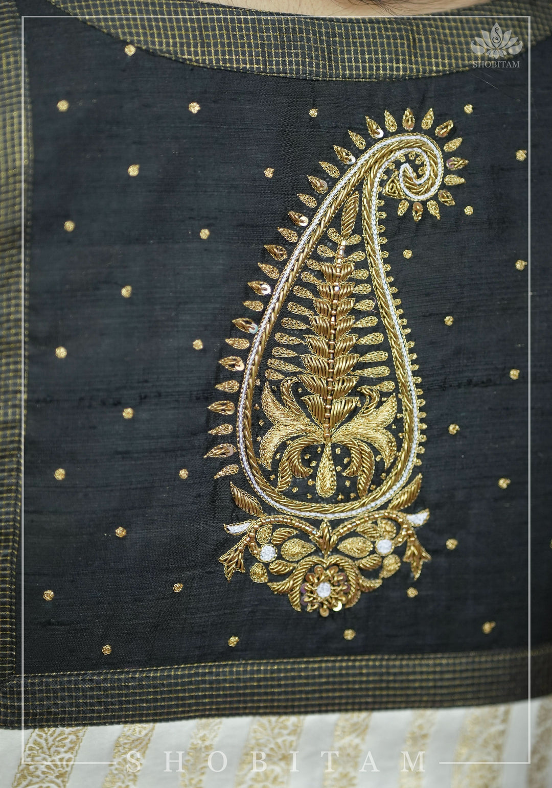 Ivory and Black Bandgala & Full sleeves blouse with Paisley Zardosi Hand embroidery, Made to Order