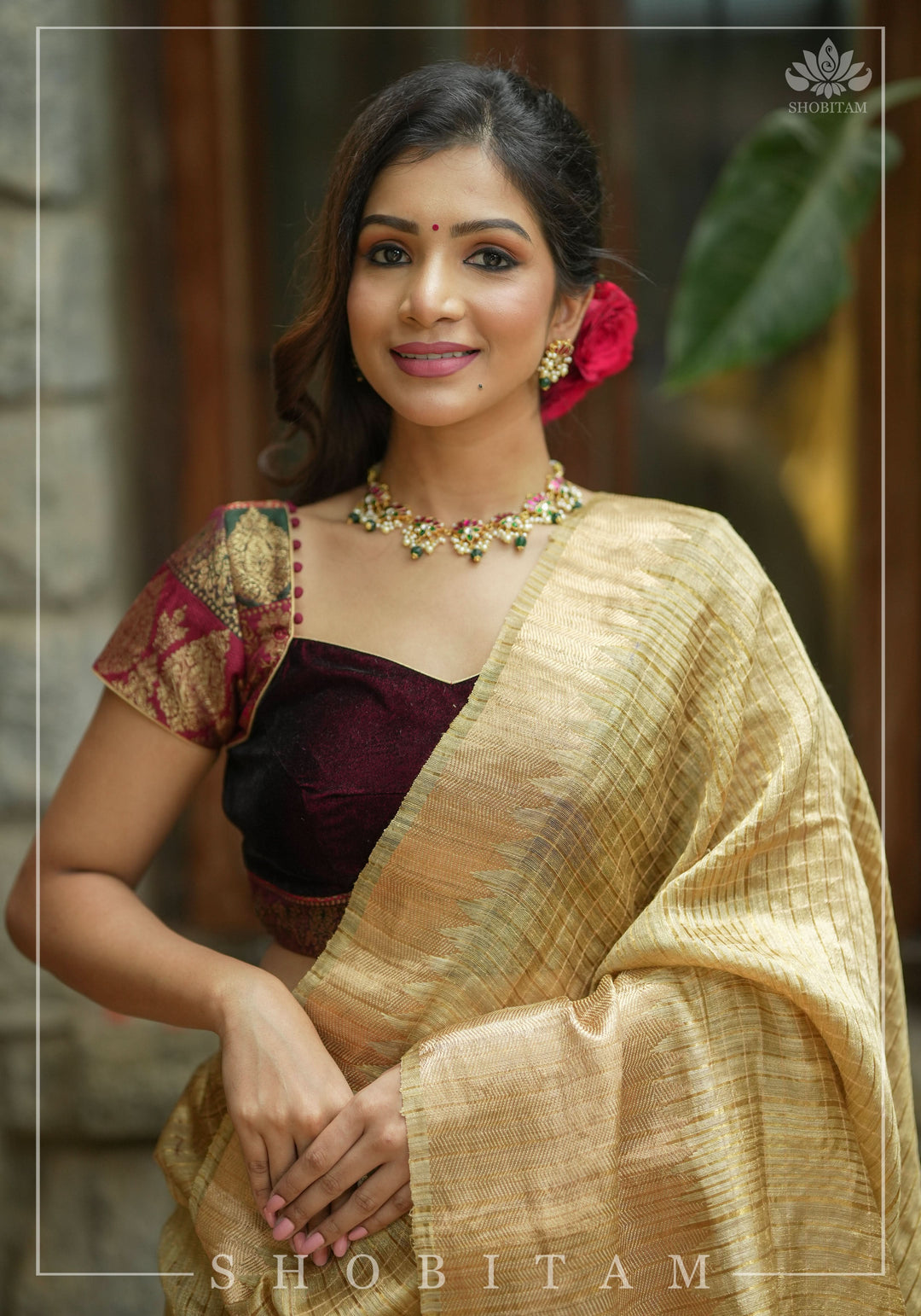 Burgundy Velvet and Banarasi brocade Sweetheart neck blouse, with potli button detailing on neckline, Made to Order